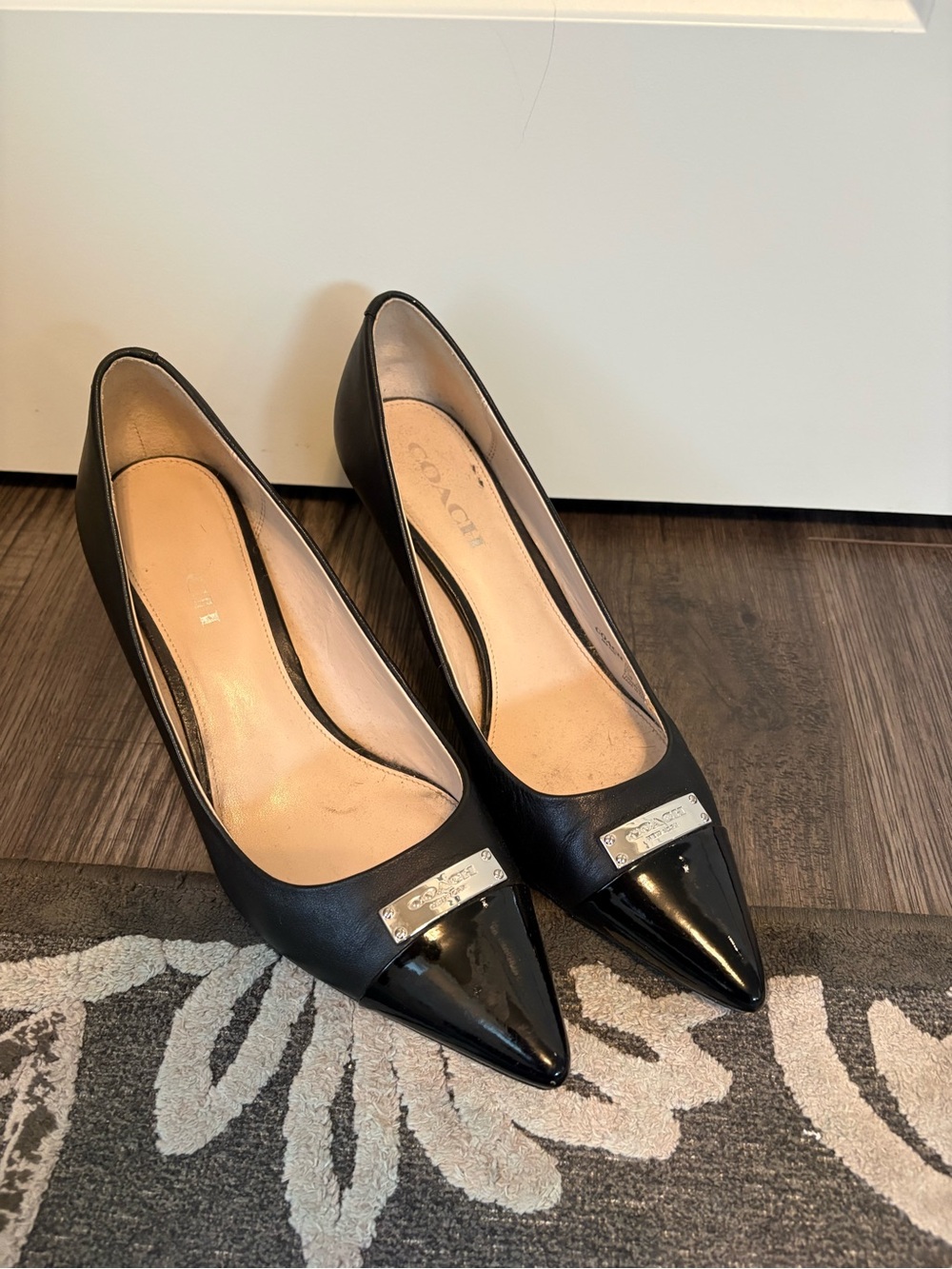 Coach Black Leather Pointed Toe Pumps with Patent Cap